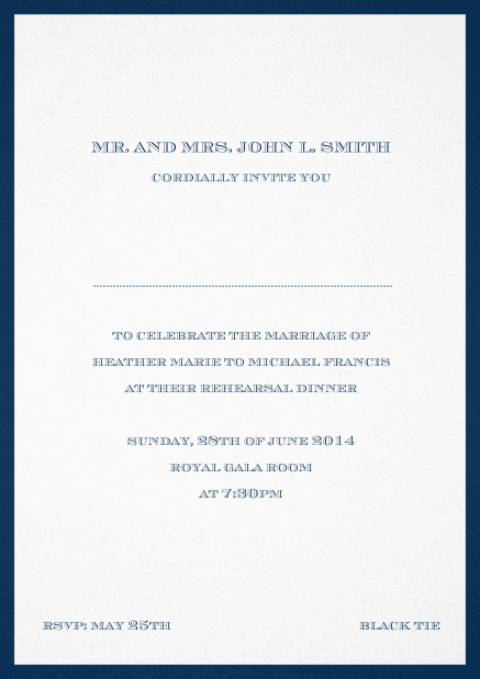 Invitation card with golden border including a dotted line for name of recipient. Navy.
