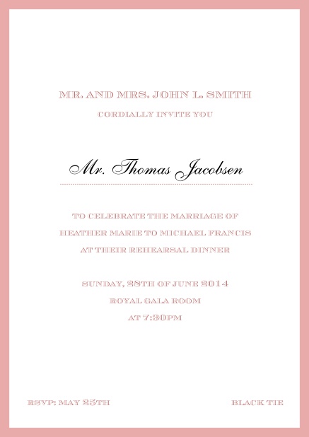 Invitation card with golden border including a dotted line for name of recipient. Pink.