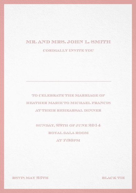 Invitation card with golden border including a dotted line for name of recipient. Pink.