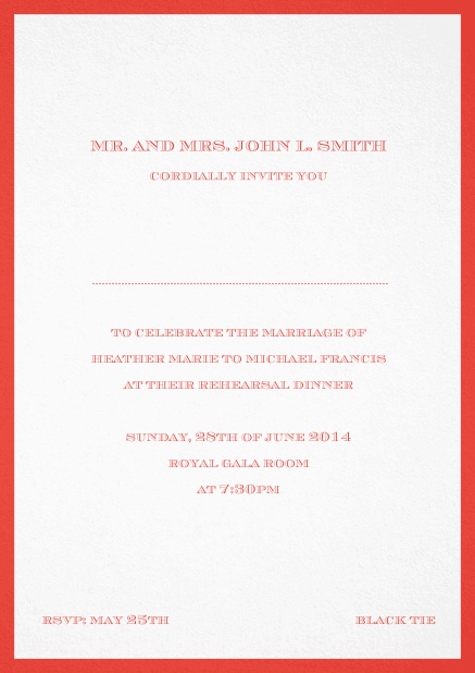 Invitation card with golden border including a dotted line for name of recipient. Red.