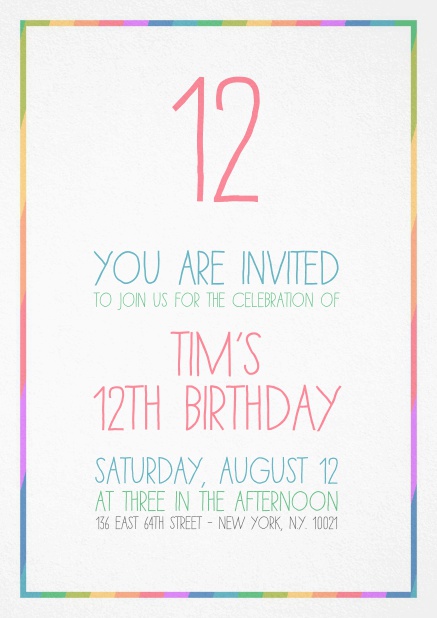 Birthday party invitation card with colorful text.