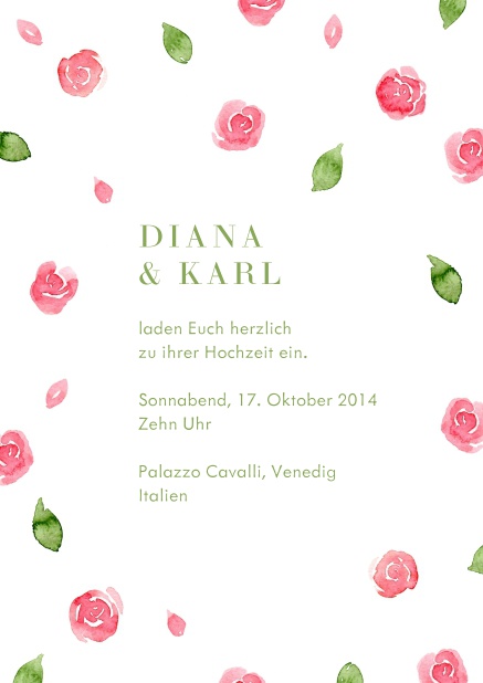 Weiße online Einladungskarte mit rosa-grünem Blumenmuster.