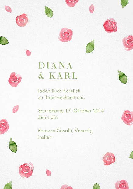 Weiße Einladungskarte mit rosa-grünem Blumenmuster.