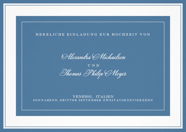 Klassische Einladungskarte mit kursiver Schrift. Blau.