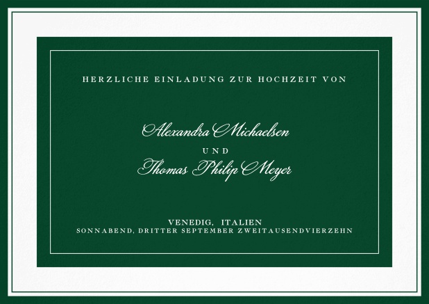 Klassische Einladungskarte mit kursiver Schrift. Grün.
