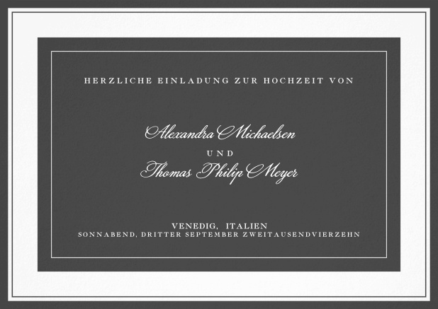 Klassische Einladungskarte mit kursiver Schrift. Grau.
