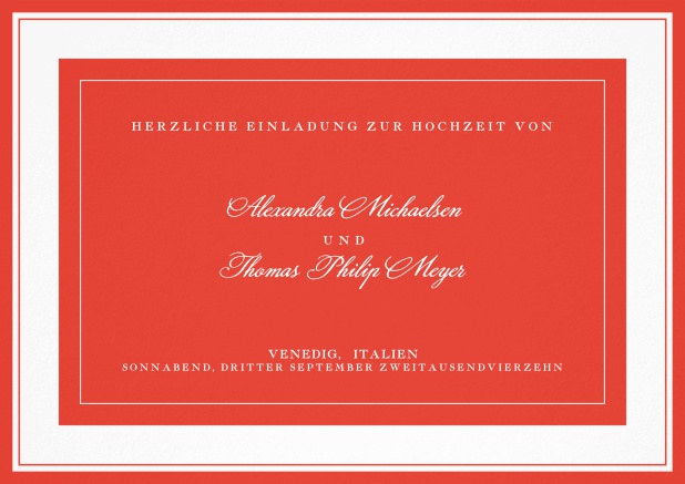 Klassische Einladungskarte mit kursiver Schrift. Rot.