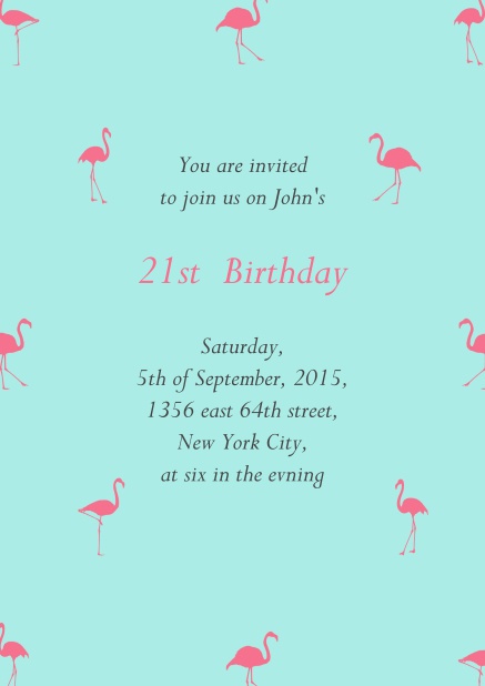 Online invitation with pink flamingos for 21st birthday.