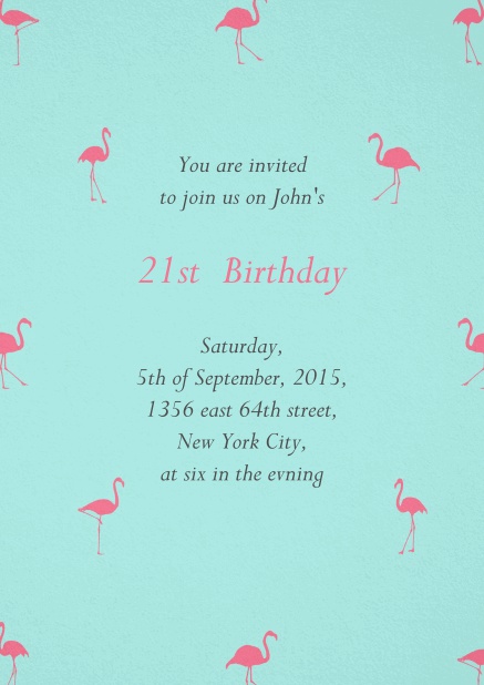 Invitation with pink flamingos for 21st birthday.