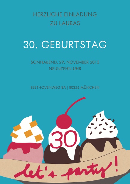 Online Einladung mit Eiscreme und Kirsche zum 30. Geburtstag.
