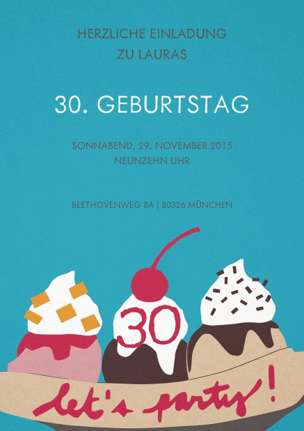 Einladung mit Eiscreme und Kirsche zum 30. Geburtstag.