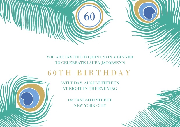 Colored Feathers for 60th - 60th Birthday Online card with colorful peacock feathers for 60th birthday.