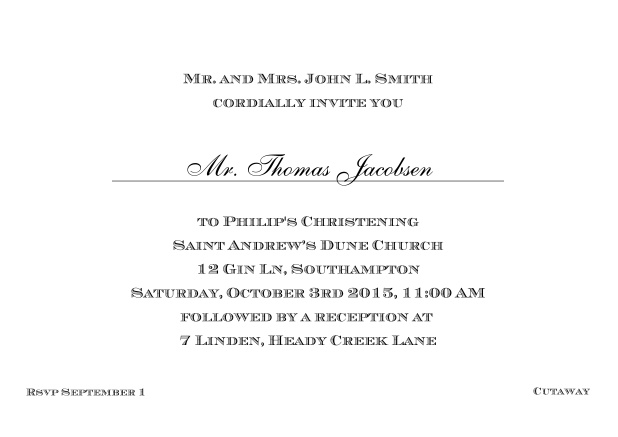 Online Classic Christening invitation card with editable text in multiple colors. Black.