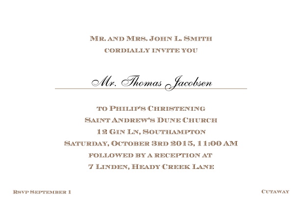 Online Classic Christening invitation card with editable text in multiple colors. Brown.