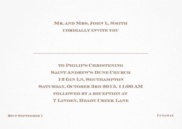Classic Christening invitation card with editable text in multiple colors. Brown.