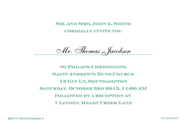 Online Classic Christening invitation card with editable text in multiple colors. Green.