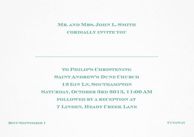 Classic Christening invitation card with editable text in multiple colors. Green.