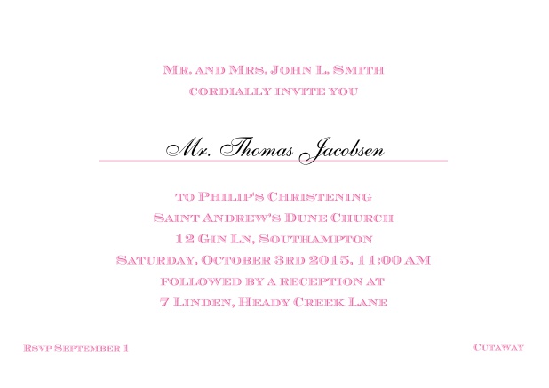 Online Classic Christening invitation card with editable text in multiple colors. Pink.