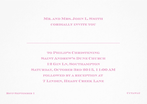 Classic Christening invitation card with editable text in multiple colors. Pink.