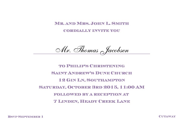 Online Classic Christening invitation card with editable text in multiple colors. Purple.