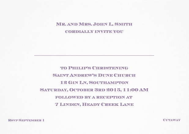 Classic Christening invitation card with editable text in multiple colors. Purple.
