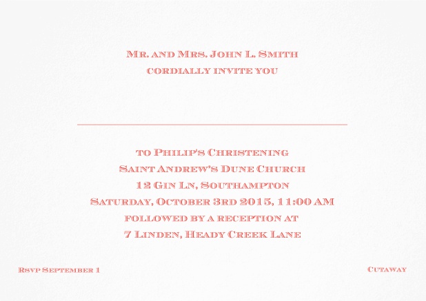 Classic Christening invitation card with editable text in multiple colors. Red.