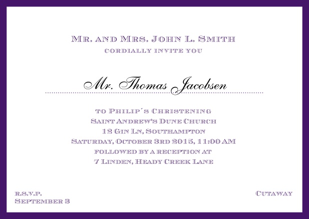 Online Traditional invitation card with a outer frame to a Christening in many color variations including a line for the gues's name. Purple.
