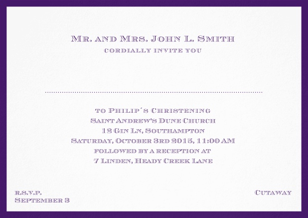 Traditional invitation card with a outer frame to a Christening in many color variations including a line for the gues's name. Purple.