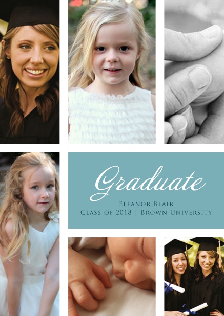 Add 6 photos to this lovely graduation invitation card Blue.