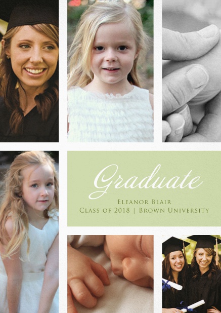 Add 6 photos to this lovely graduation invitation card Green.