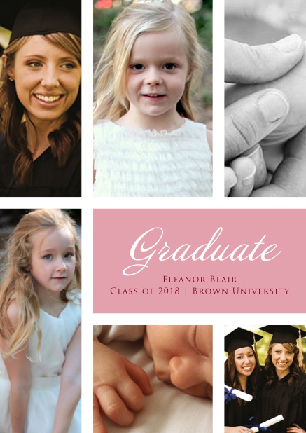 Add 6 photos to this lovely graduation invitation card Pink.