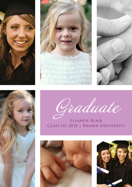 Add 6 photos to this lovely graduation invitation card Purple.