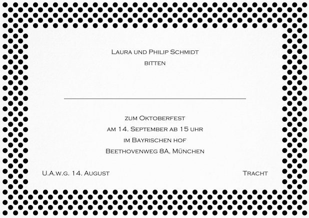 Einladungskarte mit gepunktetem Rahmen in verschiedenen Farben und editierbarem Text. Schwarz.