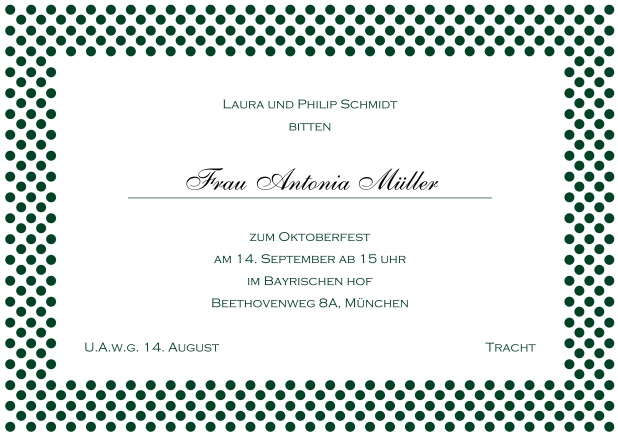Online Einladungskarte mit gepunktetem Rahmen in verschiedenen Farben und editierbarem Text. Grün.