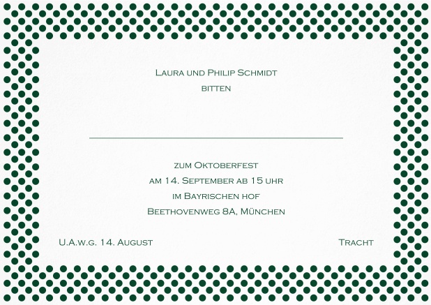 Einladungskarte mit gepunktetem Rahmen in verschiedenen Farben und editierbarem Text. Grün.