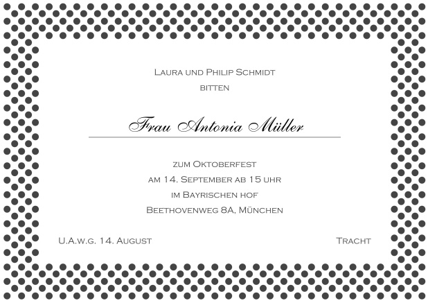 Online Einladungskarte mit gepunktetem Rahmen in verschiedenen Farben und editierbarem Text. Grau.