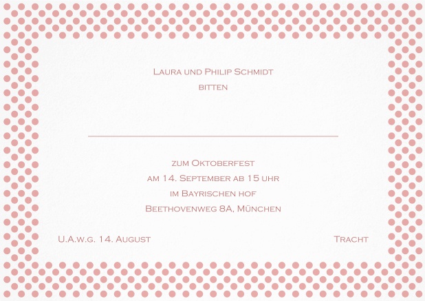 Einladungskarte mit gepunktetem Rahmen in verschiedenen Farben und editierbarem Text. Rosa.