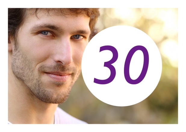 Online Birthday card for a 30th Birthday celebration including photo and round editable textfield. Purple.