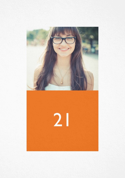21st birthday invitation card with photo and text field in different colors. Orange.