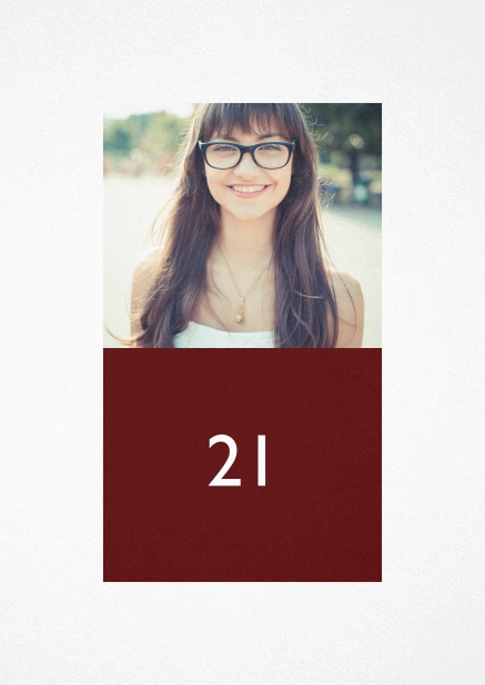 21st birthday invitation card with photo and text field in different colors. Red.