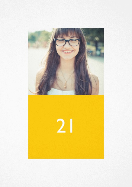 21st birthday invitation card with photo and text field in different colors. Yellow.