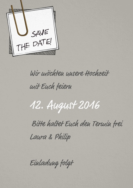 Hochzeits Save the date mit angeklemmtem Notizzettel und editierbarem Text.