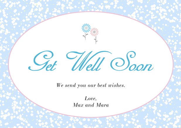 Online Get well soon card with oval frame out of flowers.