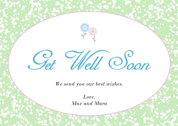 Online Get well soon card with oval frame out of flowers. Green.