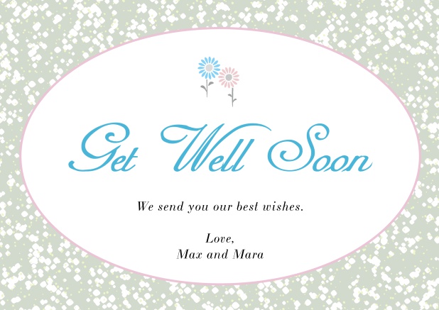 Online Get well soon card with oval frame out of flowers. Grey.