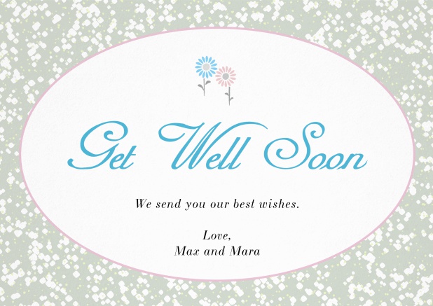 Get well soon card with oval frame out of flowers. Grey.