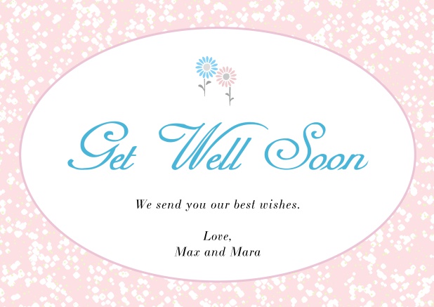 Online Get well soon card with oval frame out of flowers. Pink.