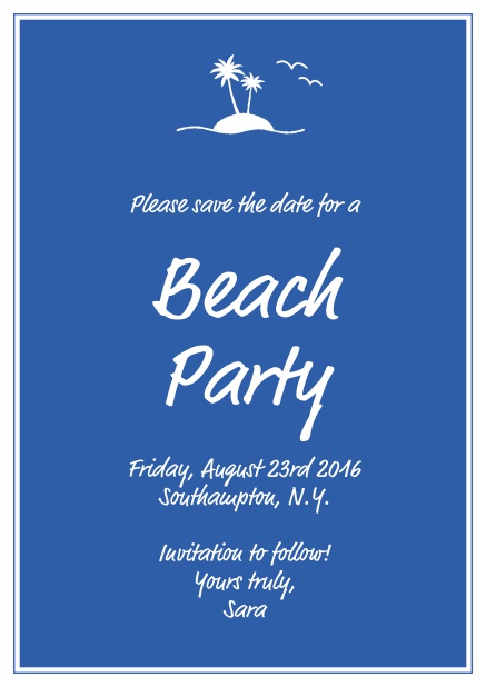 Online save the date card with small island illusatration with palm trees. Blue.
