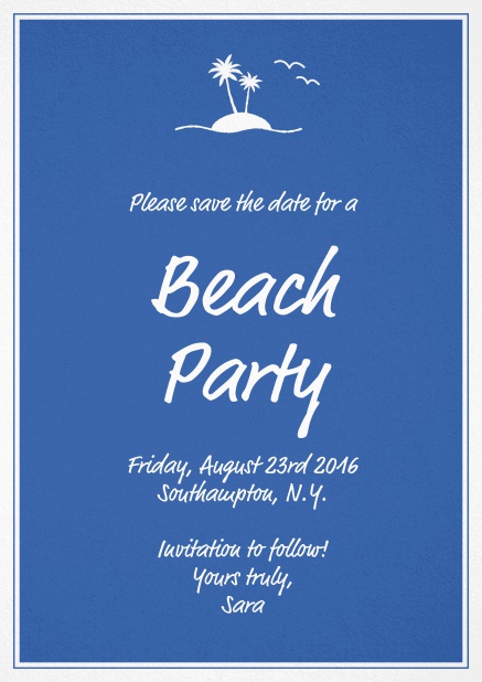 Einladungskarte zur Beach Party mit kleiner Insel mit Palmen. Blau.