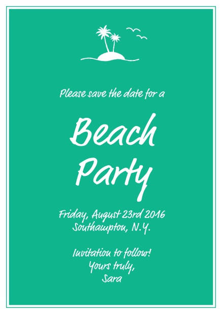 Online save the date card with small island illusatration with palm trees. Green.